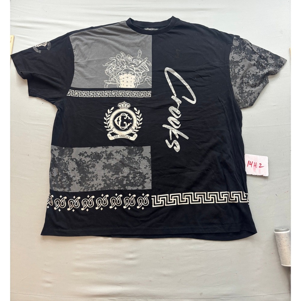 Crooks and Castles Mens 3XL T-Shirt Black Grey Multi Print Medusa Greek Key Logo